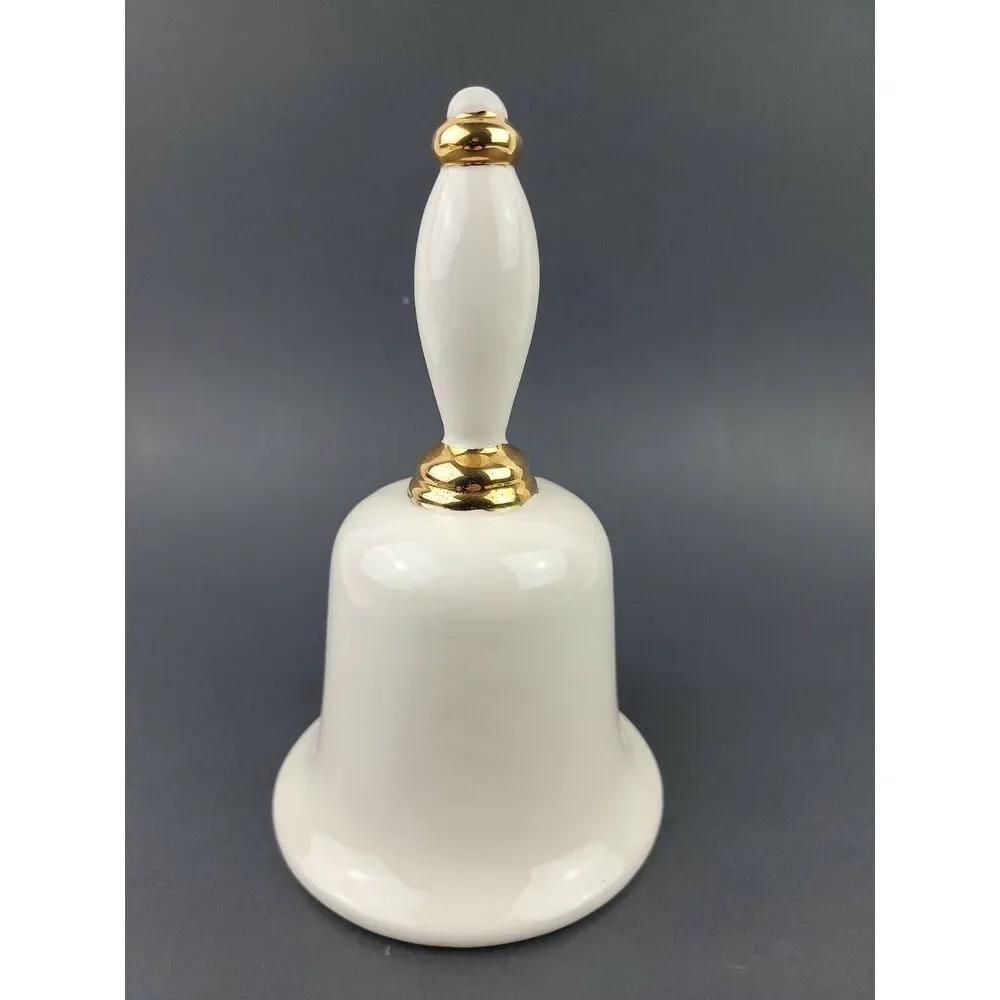 Vintage Wedding Bell Bride Groom Artisan Ceramic Porcelain Gold Trim Clapper